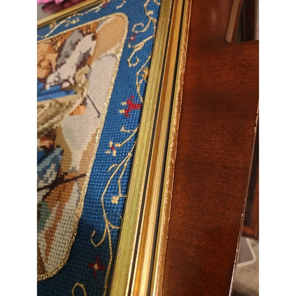Vtg Nativity Scene Needlepoint Finished art Framed 15.5 X 19.5
